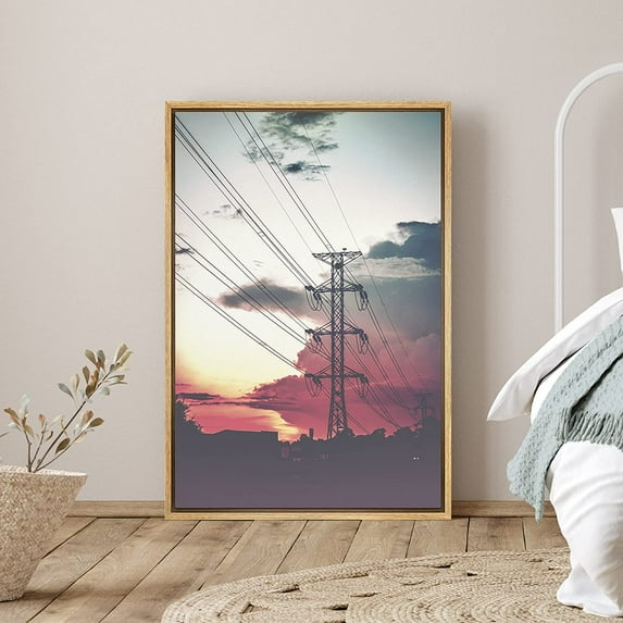 PixonSign Framed Canvas Print Wall Art Power Line Silhouette Places Cityscape Photography Modern Art Contemporary Scenic Dramatic Multicolor Ultra for Living Room, Bedroom, Office - 16"x24" Natural
