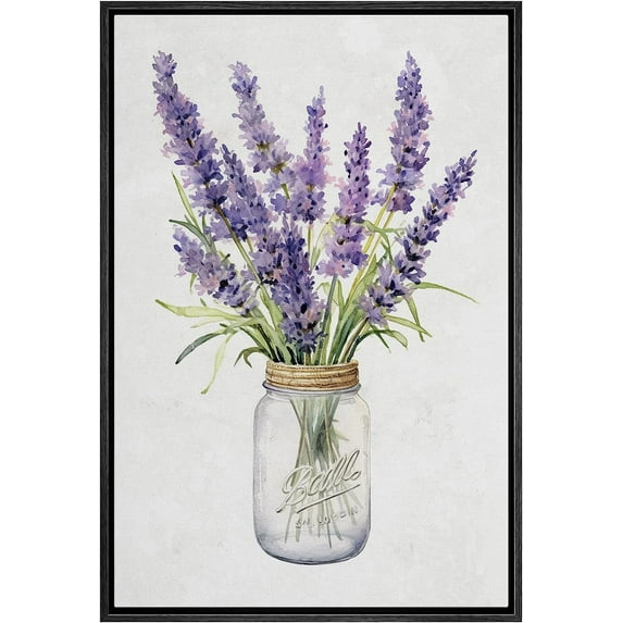 PixonSign Framed Canvas Print Wall Art Purple Lavender Flowers Mason Jar Nature Wilderness Illustrations Modern Art Botanical Floral Farmhouse/Country Relax/Calm/Cozy for Bedroom - 16"x24" Black