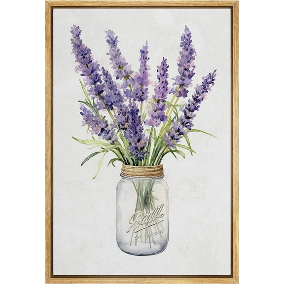 PixonSign Framed Canvas Print Wall Art Purple Lavender Flowers Mason Jar Nature Wilderness Illustrations Modern Art Botanical Floral Farmhouse/Country Relax/Calm/Cozy for Bedroom - 24"x36" Natural