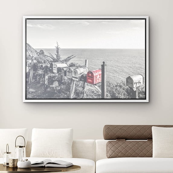 PixonSign Framed Canvas Print Wall Art Red Mailbox and The Ocean Nature Cityscape Photography Realism Rustic Scenic Relax/Calm Cool Black and White for Living Room, Bedroom, Office - 24"x36" White
