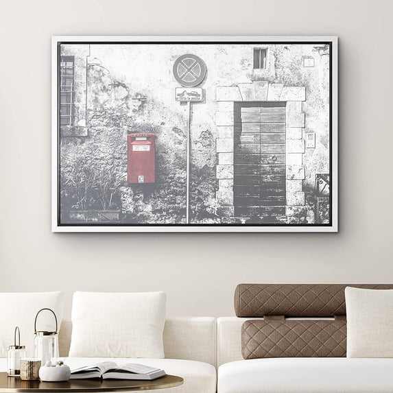 PixonSign Framed Canvas Print Wall Art Red Mailbox and Old Building Nature Cityscape Photography Realism Rustic Scenic Relax/Calm Cool Black and White for Living Room, Bedroom, Office - 16"x24" White