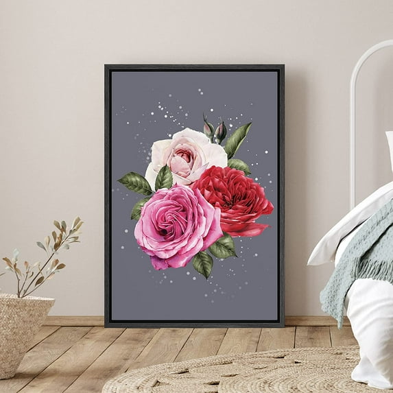 PixonSign Framed Canvas Print Wall Art Red and Pink Roses Botanical Flower Digital Art Modern Art Glam Closeup Colorful Multicolor Ultra for Living Room, Bedroom, Office - 24"x36" Black