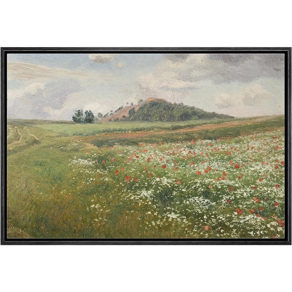 PixonSign Framed Canvas Print Wall Art Red & White Flower Field Storm Cloud Landscape Nature Wilderness Illustrations Fine Art Farmhouse Floral Botanical Calm/Relax Cozy for Bedroom - 24"x36" Black
