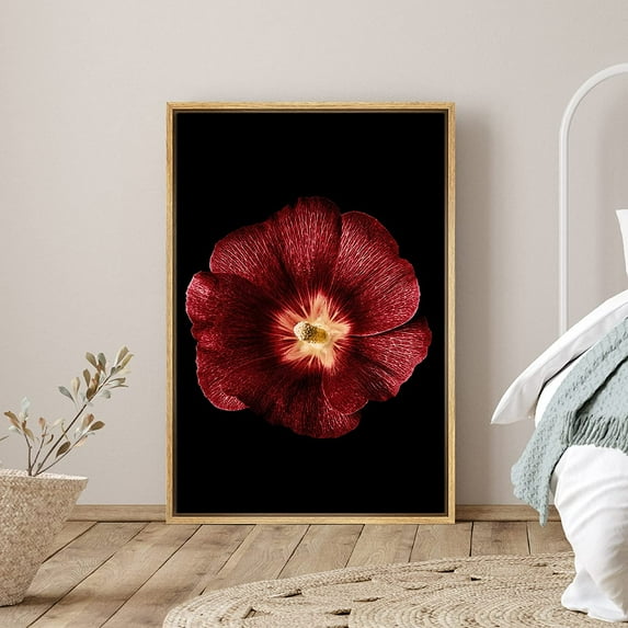 PixonSign Framed Canvas Print Wall Art Red and Yellow Hollyhock Botanical Plants Photography Modern Art Contemporary Dramatic Multicolor Ultra for Living Room, Bedroom, Office - 24"x36" Natural