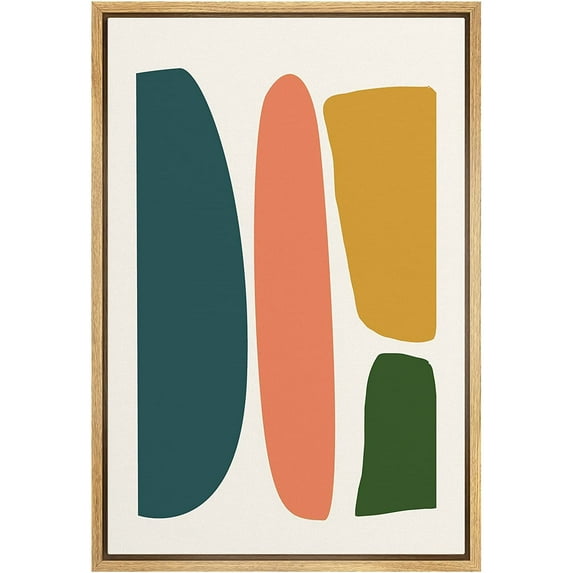 PixonSign Framed Canvas Print Wall Art Retro Vintage Mid-Century Pastel Polygon Collage Abstract Shapes Illustrations Modern Art Decorative Minimal for Living Room, Bedroom, Office - 24"x36" Natural