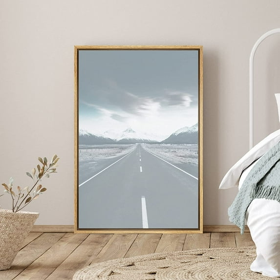 PixonSign Framed Canvas Print Wall Art Road Leading to Mountains Nature Wilderness Photography Modern Art Glam Landscape Cool Blue and White for Living Room, Bedroom, Office - 16"x24" Natural