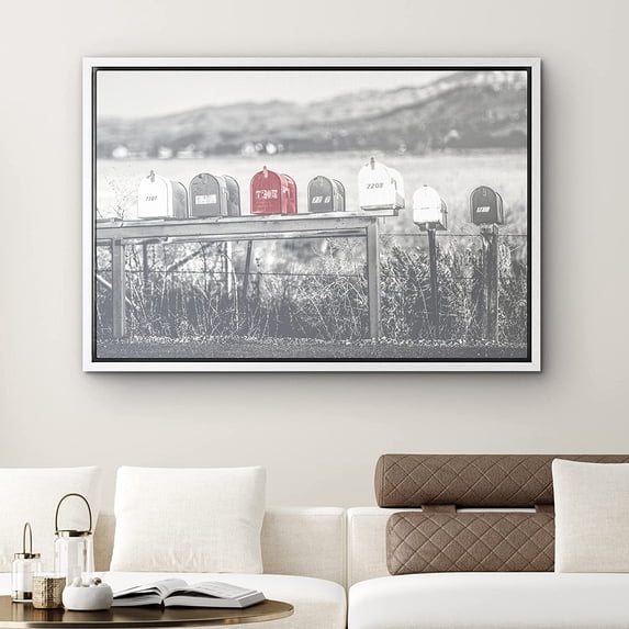 PixonSign Framed Canvas Print Wall Art Rural Mailbox Row Nature Cityscape Photography Realism Rustic Scenic Relax/Calm Cool Black and White for Living Room, Bedroom, Office - 24"x36" White
