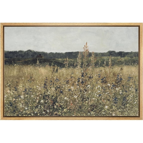 PixonSign Framed Canvas Print Wall Art Rustic Wildflower Country Landscape Nature Wilderness Illustrations Fine Art Farmhouse Floral Botanical Calm/Relax Cozy for Bedroom - 24"x36" Natural
