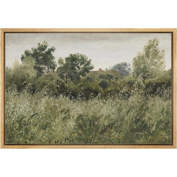 PixonSign Framed Canvas Print Wall Art Sage Green Forest Tree FLower Field Landscape Nature Wilderness Illustrations Fine Art Farmhouse Floral Botanical Calm/Relax Cozy for Bedroom - 24"x36" Natural