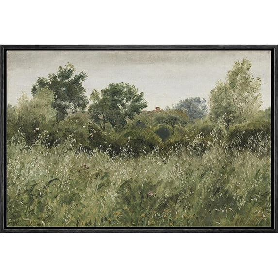 PixonSign Framed Canvas Print Wall Art Sage Green Forest Tree FLower Field Landscape Nature Wilderness Illustrations Fine Art Farmhouse Floral Botanical Calm/Relax Cozy for Bedroom - 16"x24" Black