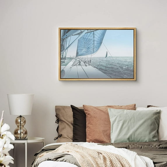 PixonSign Framed Canvas Print Wall Art Sailboat with Boats on Horizon Marine Life Waterfall Photography Realism Nautical Scenic Colorful Blue for Living Room, Bedroom, Office - 16"x24" Natural
