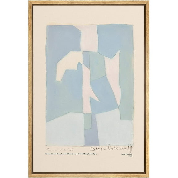 PixonSign Framed Canvas Print Wall Art Serge Poliakoff Blue Pastel Blocks Abstract Shapes Illustrations Fine Art Decorative Minimalist for Living Room, Bedroom, Office - 24"x 36" Natural
