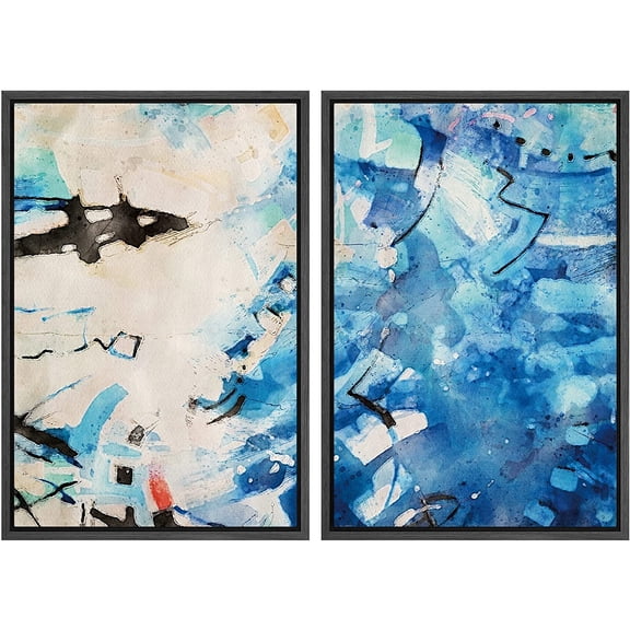 PixonSign Framed Canvas Print Wall Art Set Abstract Blue Brushstroke Scene Geometric Shapes Illustrations Modern Art Contemporary Colorful Ultra for Living Room, Bedroom, Office - 24"x36"x2 BLACK