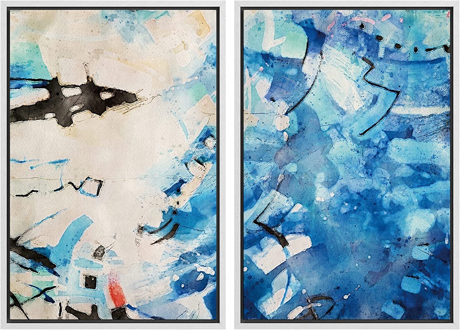 PixonSign Framed Canvas Print Wall Art Set Abstract Blue Brushstroke ...
