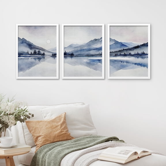 PixonSign Framed Canvas Print Wall Art Set - Abstract Geometric Mountains Lake Reflection Landscape Posters - Set of 3 Pastel Nature Wall Décor for Living Room, Bedroom, Office - 12"x16" White