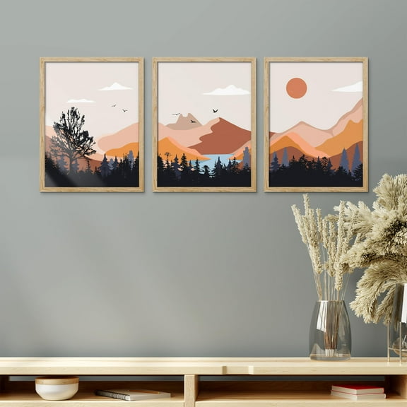 PixonSign Framed Canvas Print Wall Art Set - Abstract Mountain Forest Silhouette Art - Set of 3 Nature Wilderness Landscape Multicolor Wall Décor for Living Room, Bedroom - 8"x10" Panels Natural