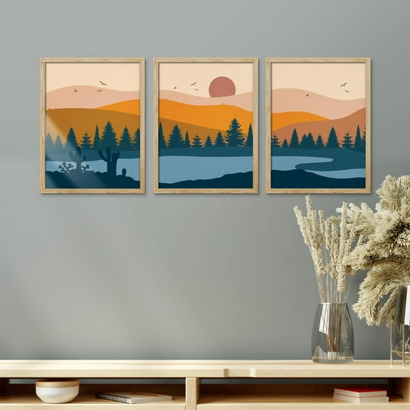 PixonSign Framed Canvas Print Wall Art Set - Abstract Mountain Range Forest Lake Art - Set of 3 Nature Sun Rise Landscape Wall Décor for Living Room, Bedroom - 8"x10" Panels Natural