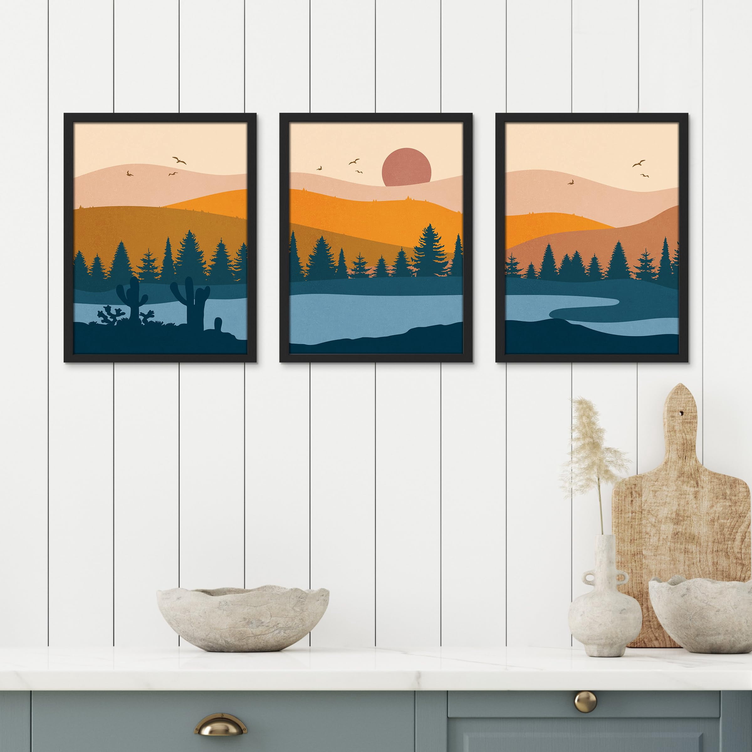 PixonSign Framed Canvas Print Wall Art Set - Abstract Mountain Range ...