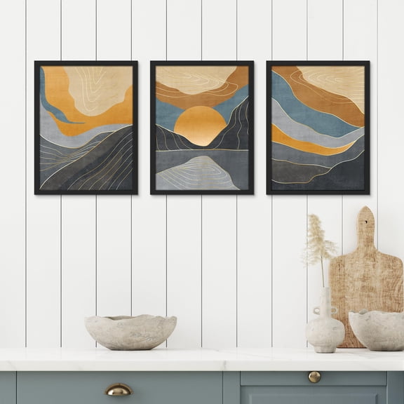 PixonSign Framed Canvas Print Wall Art Set - Abstract Terrain Geometric Landscape Poster Art - Set of 3 Nature Wilderness Colorful Mountain Prints Wall Décor for Living Room - 12"x16" Black