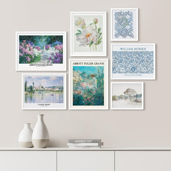 PixonSign Framed Canvas Print Wall Art Set - Abstract Wildflower Floral Landscape Poster Art - Gallery Set of 7 Abstract Illustrations Digital Art Wall Décor Boho Chic for Home - White