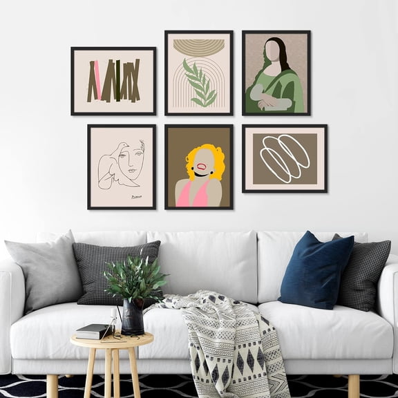 PixonSign Framed Canvas Print Wall Art Set - Actress & Mona Lisa Portrait & Humanities Pattern - Set of 6 Abstract Geometric Modern Poster Cultural Art Wall Décor - 12"x16"x6 Black