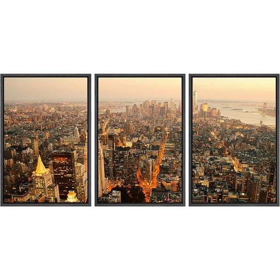 PixonSign Framed Canvas Print Wall Art Set Aerial View New York City Dusk Urban Architecture Photography Realism Scenic Landscape Decorative Colorful Multicolor for Bedroom - 24"x36"x3 Black