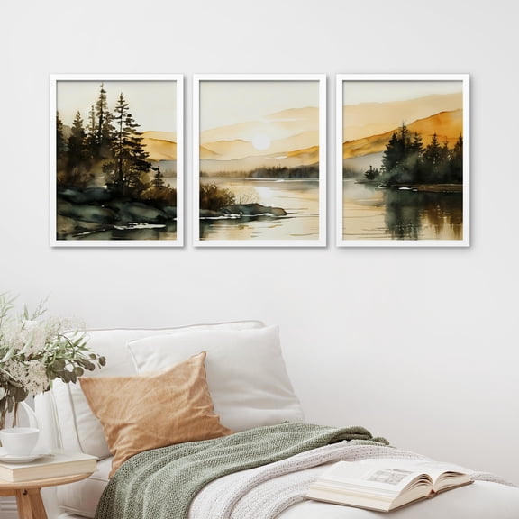 PixonSign Framed Canvas Print Wall Art Set - Alpine Dawn Watercolor Mountain Range Landscape Posters - Set of 3 Nature Farmhouse Decor Vintage Pastel Wall Décor for Living Room - 11"x14" White