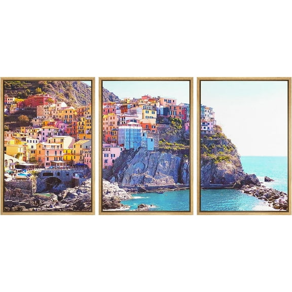 PixonSign Framed Canvas Print Wall Art Set Amalfi Cityscape Coastal Mediterranean Sea Italy Urban Architecture Photography Realism Scenic Landscape Decorative Multicolor - 16"x24"x3 Natural