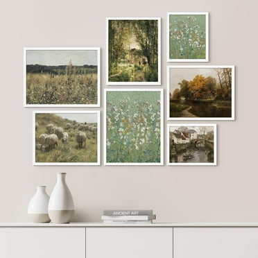 PixonSign Framed Canvas Print Wall Art Set - Autumn Fall Forest River Landscape Poster Art - Abstract Print Gallery Set of 7 Countryside Illustrations Digital Art Wall Décor for Home - White
