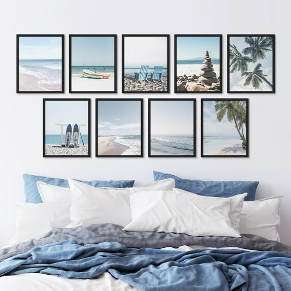 PixonSign Framed Canvas Print Wall Art Set - Beach Ocean Wave Seaside Posters - Set of 9 Travel Coastal Photography Modern Art Minimal Boho Wall Décor for Living Room, Bedroom - 12"x16" Black