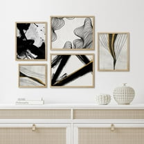 PixonSign Framed Canvas Print Wall Art Set - Black & Brown Paint Strokes Abstract Poster Modern Art - Street Pop Graffiti Print Gallery Set of 5 Minimal Digital Art Wall Décor for Home - Natural