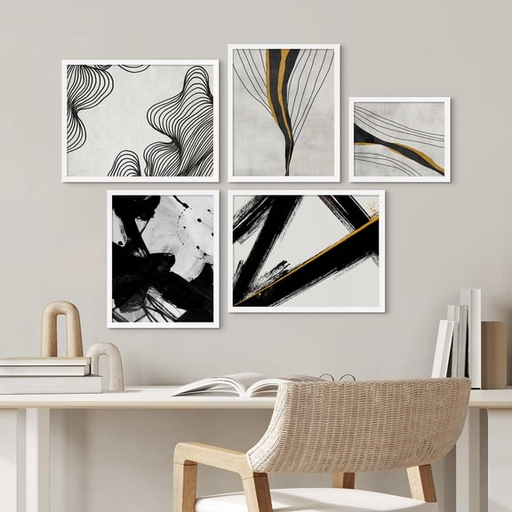PixonSign Framed Canvas Print Wall Art Set - Black & Brown Paint Strokes Abstract Poster Modern Art - Street Pop Graffiti Print Gallery Set of 5 Minimal Digital Art Wall Décor for Home - White