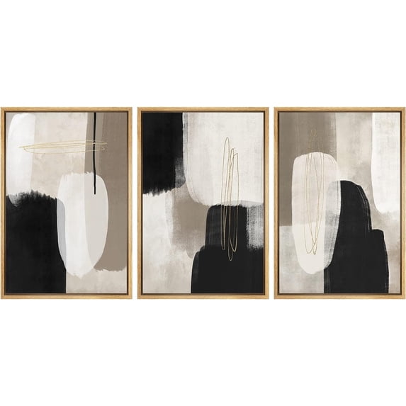 PixonSign Framed Canvas Print Wall Art Set Black & Gray Pastel Paint Stroke Collage Abstract Shapes Digital Art Modern Art Decorative Boho Calm/Zen - 24"x36"x3 Natural