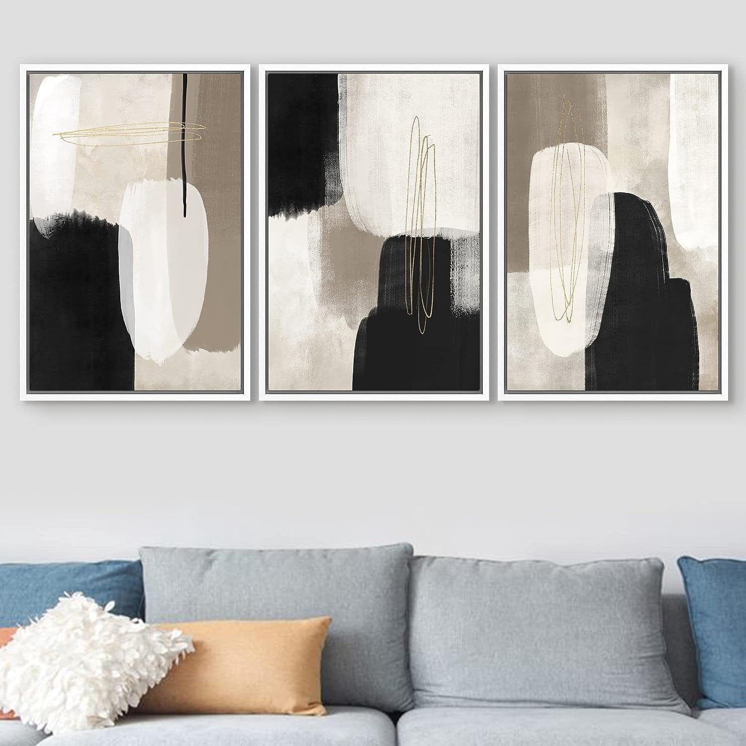 PixonSign Framed Canvas Print Wall Art Set Black & Gray Pastel Paint ...
