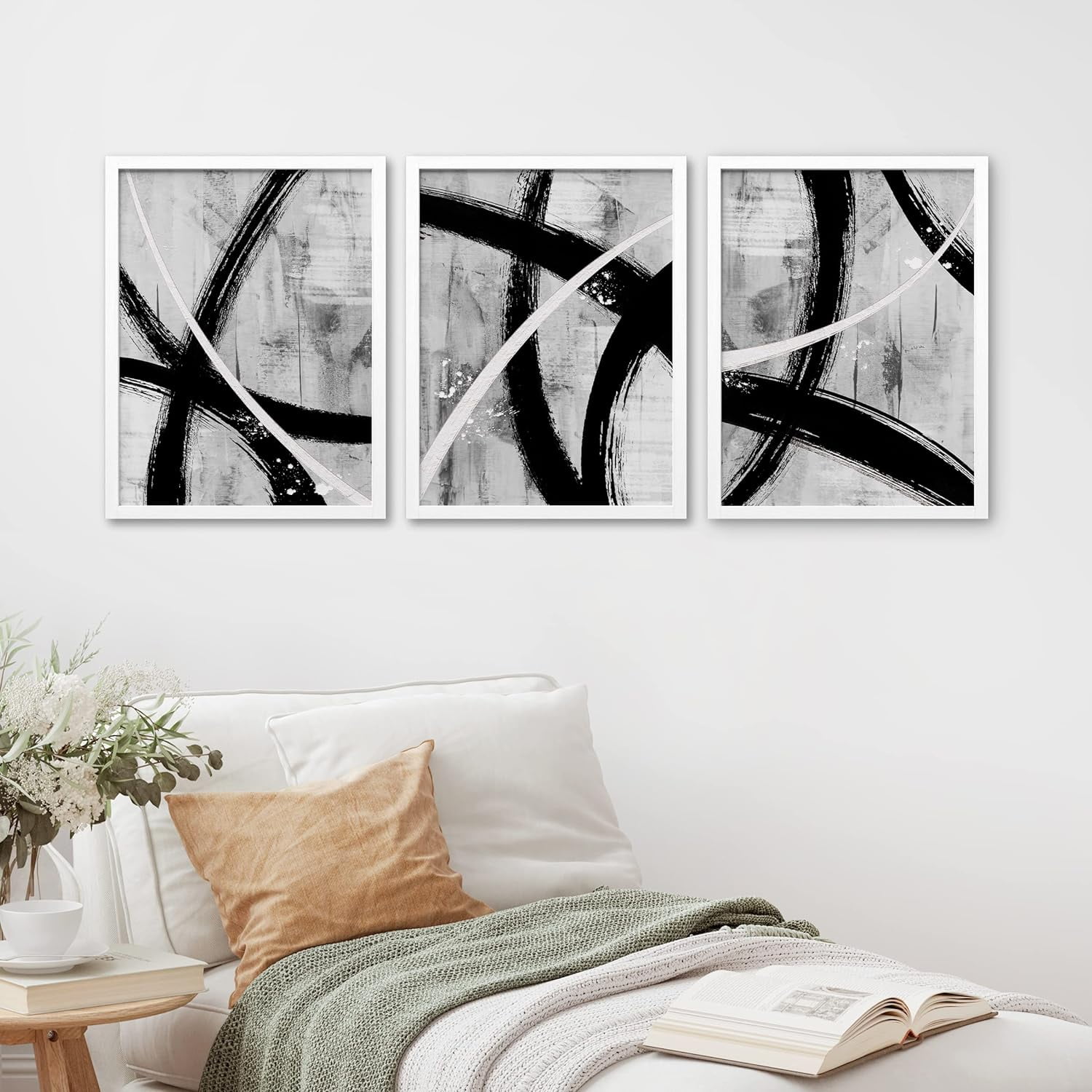 PixonSign Framed Canvas Print Wall Art Set - Black Gray White Geometric ...