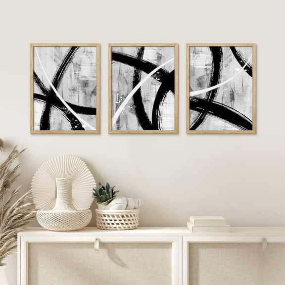 PixonSign Framed Canvas Print Wall Art Set - Black Gray White Geometric Paint Strokes Art - Set of 3 Abstract Shapes Illustrations Wall Décor for Living Room, Bedroom - 12"x16"x3 Panels Natural
