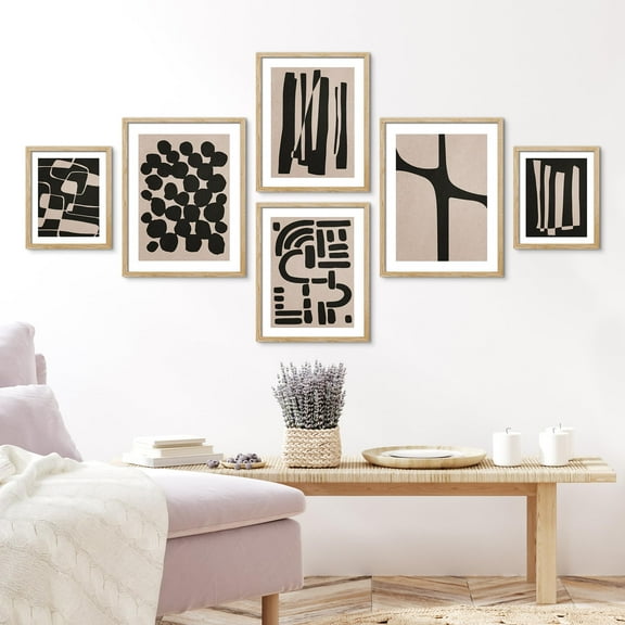 PixonSign Framed Canvas Print Wall Art Set - Black & Tan Grunge Polygon Pattern Poster - Collage Gallery Set of 6 Symbol Variety Abstract Geometric Illustrations Wall Décor for Home - Natural