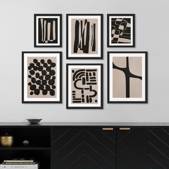 PixonSign Framed Canvas Print Wall Art Set - Black & Tan Grunge Polygon Pattern Poster - Collage Gallery Set of 6 Symbol Variety Abstract Geometric Illustrations Wall Décor for Home - Black