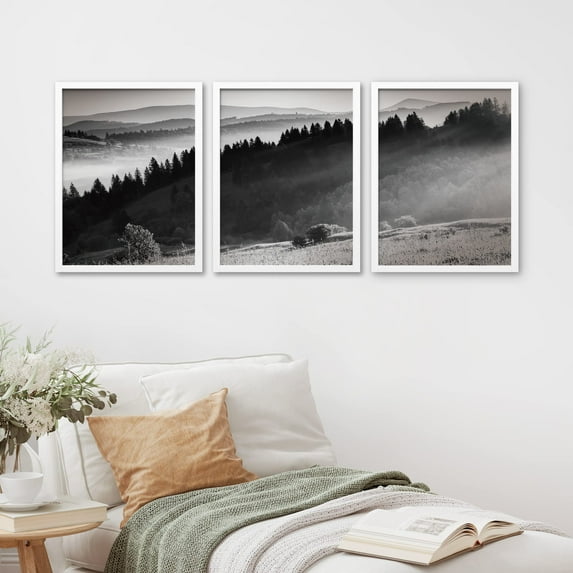 PixonSign Framed Canvas Print Wall Art Set - Black & White Dark Mountain Range Forest Landscape Art - Set of 3 Nature Plants Photography Wall Décor for Living Room - 12"x16"x3 Panels White