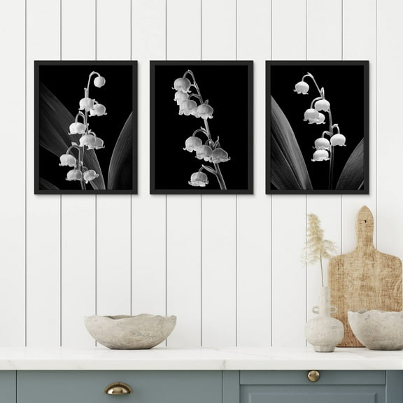 PixonSign Framed Canvas Print Wall Art Set - Black & White Duotone Hanging Flowers Posters - Set of 3 Nature Farmhouse Decor Minimalist Pastel Botanical Wall Décor for Living Room - 8"x10" Black