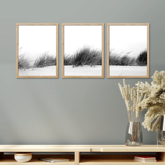 PixonSign Framed Canvas Print Wall Art Set - Black White Grayscale Storm Beach Grass Landscape Art - Set of 3 Nature Plants Photography Wall Décor for Living Room - 12"x16"x3 Panels Natural