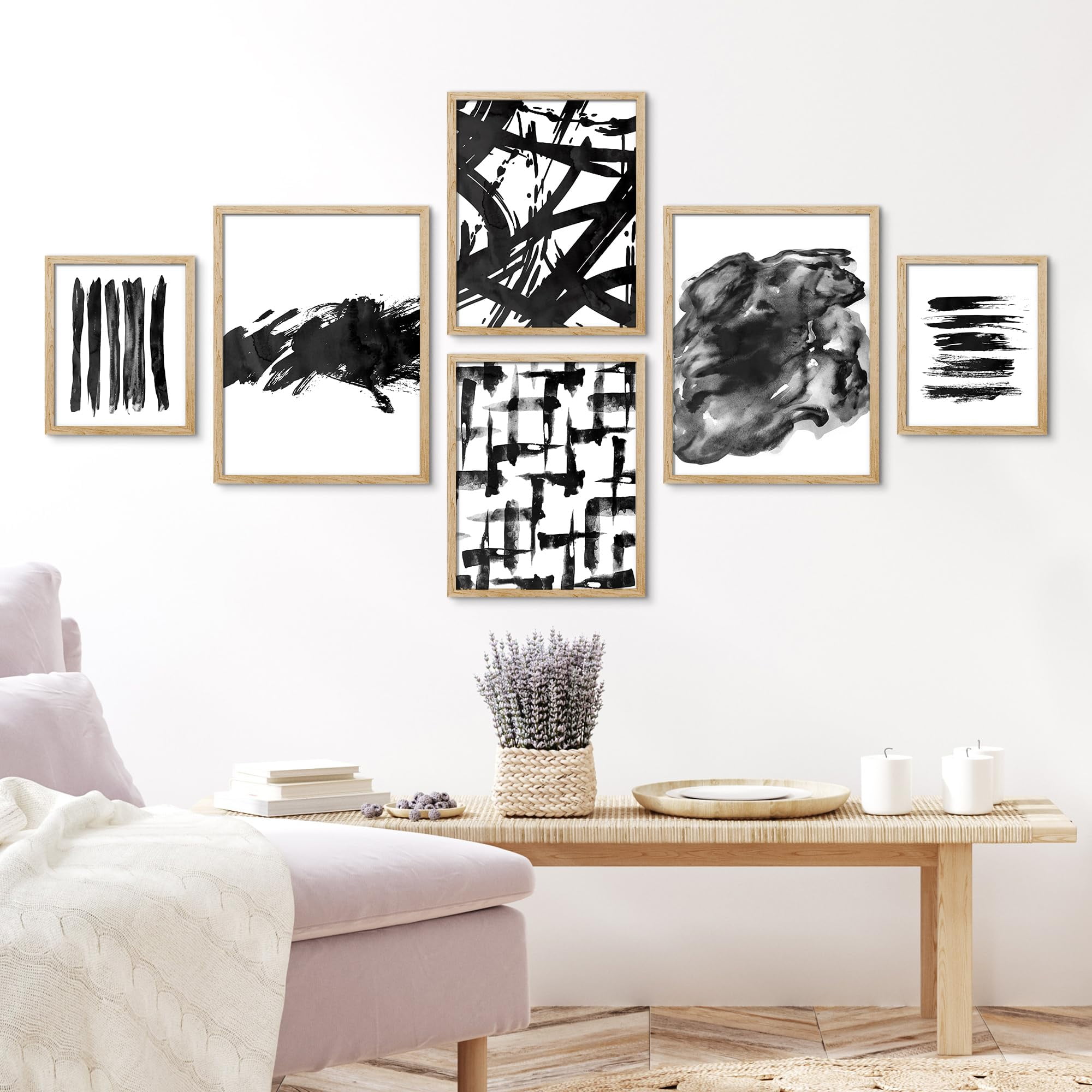 PixonSign Framed Canvas Print Wall Art Set - Black & White Grunge Paint ...