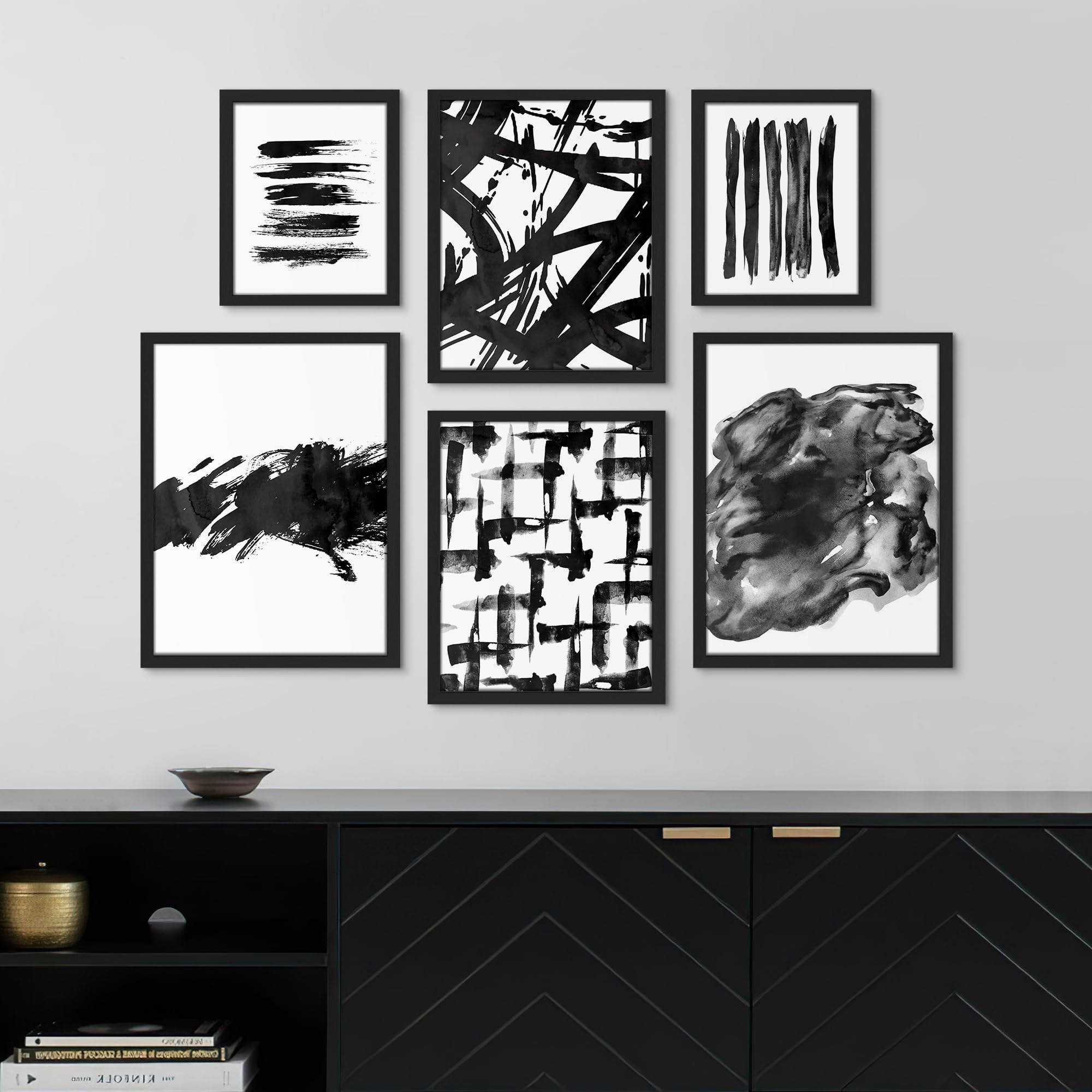 PixonSign Framed Canvas Print Wall Art Set - Black & White Grunge Paint ...