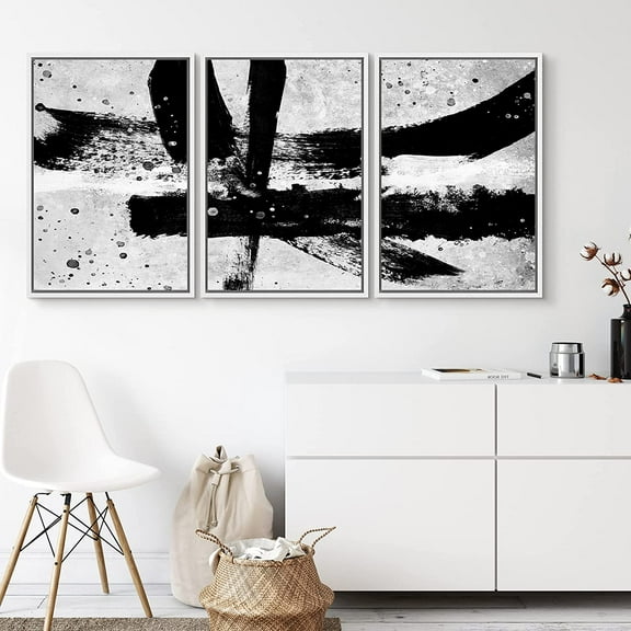 PixonSign Framed Canvas Print Wall Art Set Black & White Horizontal Brushstrokes Geometric Shapes Modern Art Alternative Dark Black and White for Living Room, Bedroom, Office - 24"x36"x3 White