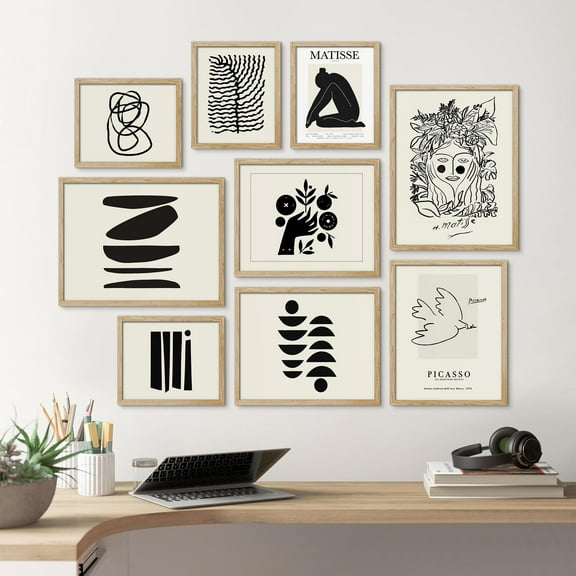 PixonSign Framed Canvas Print Wall Art Set - Black & White Matisse Drawing Poster Modern Art - Variety Geometric Collage Gallery Set of 9 Abstract Illustrations Wall Décor for Home - Natural