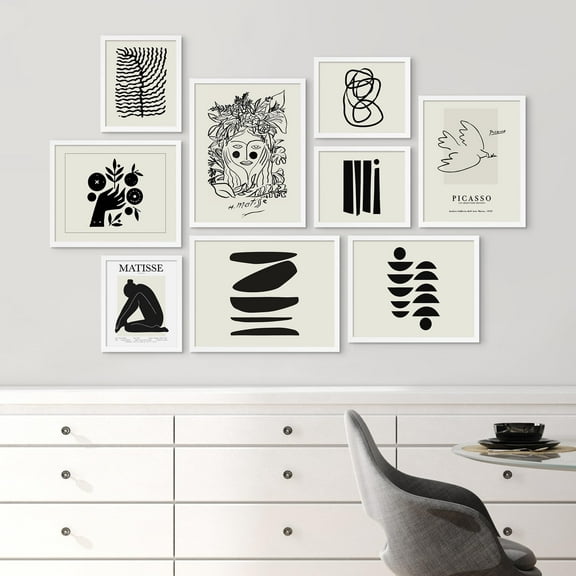 PixonSign Framed Canvas Print Wall Art Set - Black & White Matisse Drawing Poster Modern Art - Variety Geometric Collage Gallery Set of 9 Abstract Illustrations Wall Décor for Home - White