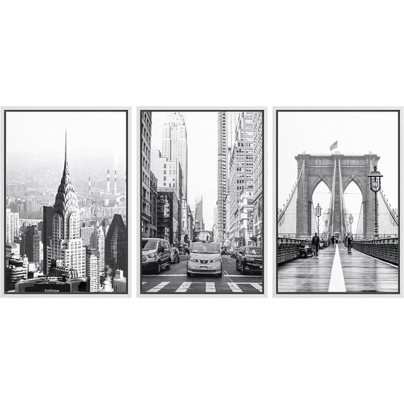 PixonSign Framed Canvas Print Wall Art Set Black & White NYC New York Cityscape Urban Architecture Photography Realism Scenic Landscape Decorative Colorful Multicolor for Bedroom - 24"x36"x3 White