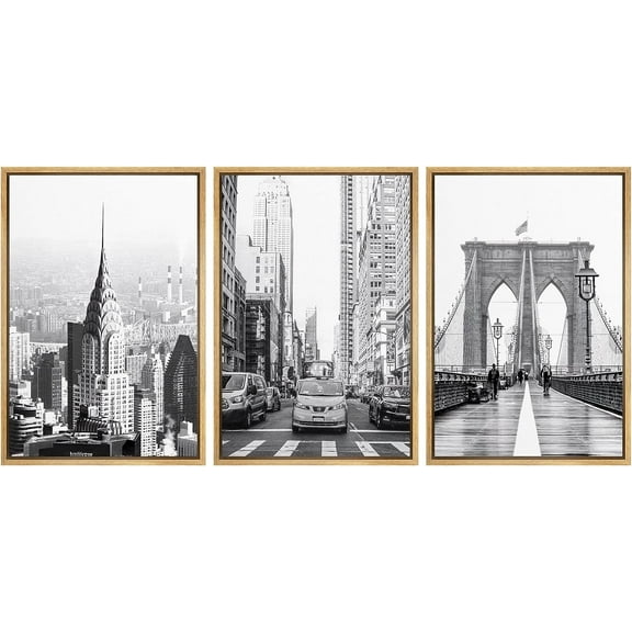 PixonSign Framed Canvas Print Wall Art Set Black & White NYC New York Cityscape Urban Architecture Photography Realism Scenic Landscape Decorative Colorful Multicolor for Bedroom - 16"x24"x3 Natural
