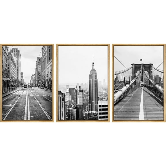 PixonSign Framed Canvas Print Wall Art Set Black & White New York Brooklyn Bridge Urban Architecture Photography Realism Scenic Landscape Decorative Colorful Multicolor for Bedroom - 16"x24"x3 Natural