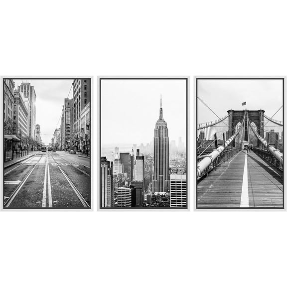 PixonSign Framed Canvas Print Wall Art Set Black & White New York Brooklyn Bridge Urban Architecture Photography Realism Scenic Landscape Decorative Colorful Multicolor for Bedroom - 16"x24"x3 White
